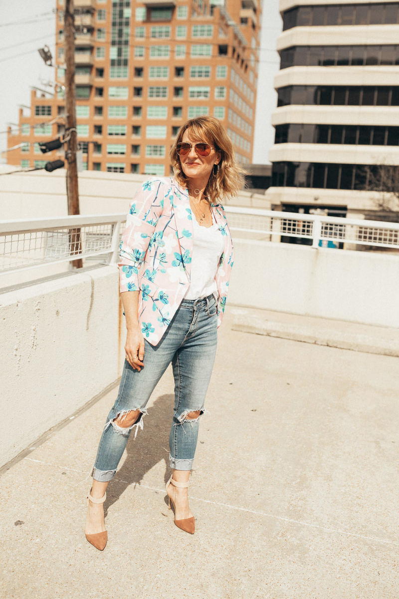 Floral blazer styled with withe tee and jeans